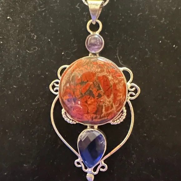 Red Jasper & Amethyst Pendant Necklace on Sterling Silver Chain